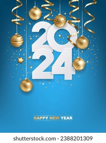 Happy new year 2024. White paper numbers with golden Christmas decoration and confetti on blue background. Holiday greeting card design.