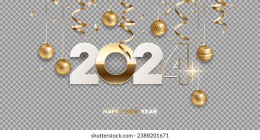 Happy new year 2024. White paper and golden numbers with Christmas decoration and confetti, isolated on transparent background. Holiday greeting card design.