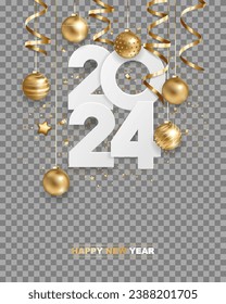 Happy new year 2024. White paper numbers with golden Christmas decoration and confetti, isolated on transparent background. Holiday greeting card design.