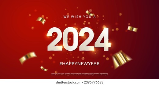 Happy New Year 2024 with white numbers on a red background. White Numeral 2024 with sparkling glitters and serpentine.Seasonal holidays greeting. Christmas. Festive New Year 2024. Premium Vector EPS10