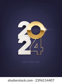 Happy new year 2024. White paper numbers and golden numbers on dark blue background. Holiday greeting card design.