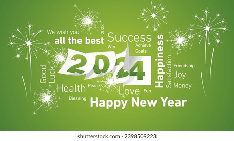 Happy New Year 2024 white word cloud text with 2024 calendar pages and light sparkle firework lucky green background vector