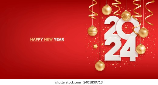 Happy new year 2024. White paper numbers with golden Christmas decoration and confetti on red background. Holiday greeting card design.