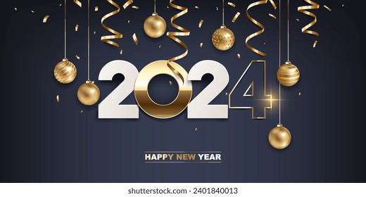 Happy new year 2024. White paper and golden numbers with Christmas decoration and confetti on a dark blue background. Holiday greeting card design.