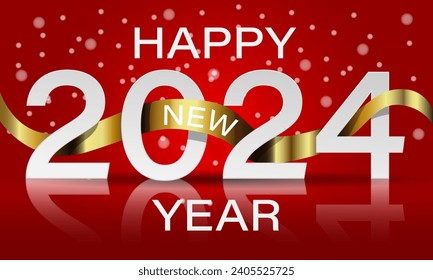 Happy New Year 2024 white paper number golden ribbon curve on red design for holiday festival celebration countdown background vector illustration.