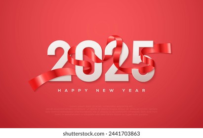 Feliz Año Nuevo 2024, con números blancos envueltos alrededor de cintas rojas. Fondo rojo brillante elegante. Diseño vectorial premium para saludos y celebración de Feliz Año Nuevo 2024.