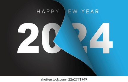 Happy New Year 2024 winter holiday greeting card design template. End of 2023 and beginning of 2024. The concept of the beginning of the New Year. The calendar page turns over and the new year begins.