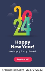 Happy new year 2024. Happy new year wishing and celebration banner. 2024 numbers hugging each other. welcoming new year. 