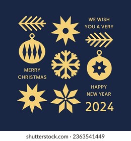 Happy New Year 2024 and Xmas greeting card, banner. Trendy modern design with geometric gold pattern, winter decorations. Christmas tree, snowflake and stars. Vector template for poster, social media,