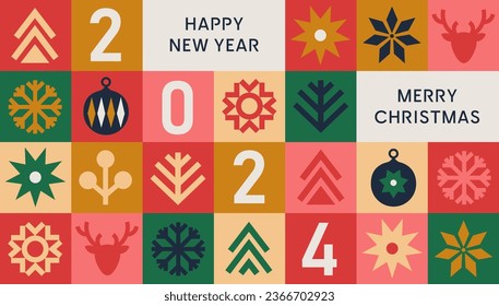 Happy New Year 2024 and Xmas greeting card, banner. Trendy modern design with geometric pattern, winter decorations. Christmas tree, snowflakes. Vector template for poster, social media, cover.