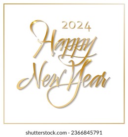 Happy New Year 2024.Hand drawn golden letters isolated on white background. Celebrate party 2024. Christmas poster, banner, cover, brochure, flyer, layout design.