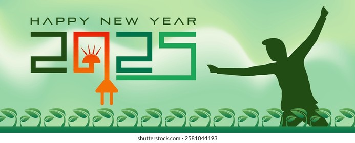 happy new year 2025 and 2026. renewable power, sun, solar, wind power, happy man