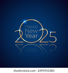 Happy New Year 2025, 25. Holiday greeting card. Shiny golden 2025 on dark blue background. New Year design invitation, calendar, greeting card. Gold logo. Party event decoration. Vector illustration