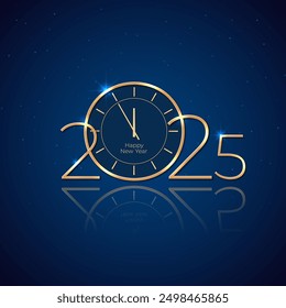 Happy New Year 2025, 25. Holiday greeting card. Shiny golden 2025 on blue background. New Year design for invitation, calendar, greeting card. Gold logo. Party event decoration. Vector illustration