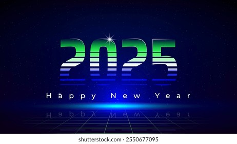 Happy New Year 2025, 25. New Year greeting card. Retro futuristic tech design in 80s style. Neon color. Green and blue numbers 2025, starry sky background, mesh, grid floor. Vector illustration