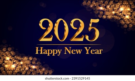 Happy New Year 2025 3D golden design with gold sparkle and blue black on the background.