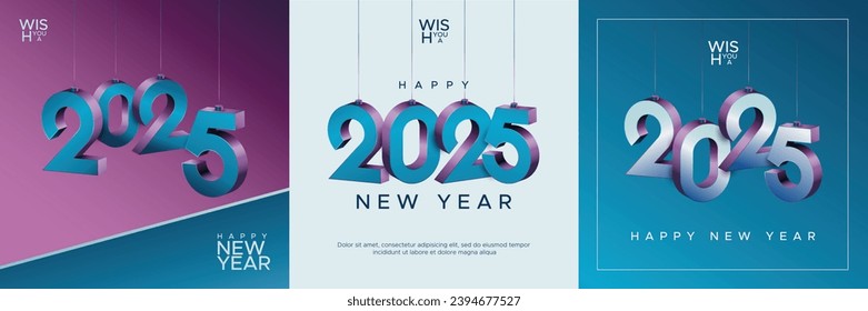 Happy new year 2025 with 3D hanging number. Modern design and style for 2025 new year celebration