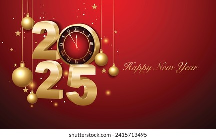 Happy new year 2025. 3d gold numbers with golden Christmas decoration and confetti on dark  background. Holiday greeting card design.
