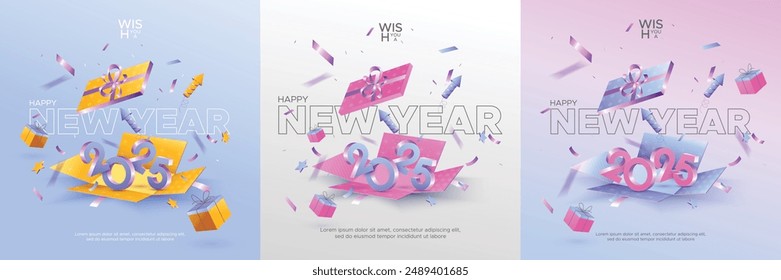 Happy new year 2025 with 3D number on open gift box. 2025 new year celebration design concept. Set of 2025 new year square template for social media post