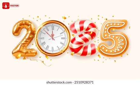 Feliz año Nuevo 2025. 3d números creativos aislados realistas 2025 hechos de globo de papel de oro, cara de reloj, bastón de caramelo, pan de jengibre, confeti volador. Linda tarjeta de felicitación. Ilustración vectorial