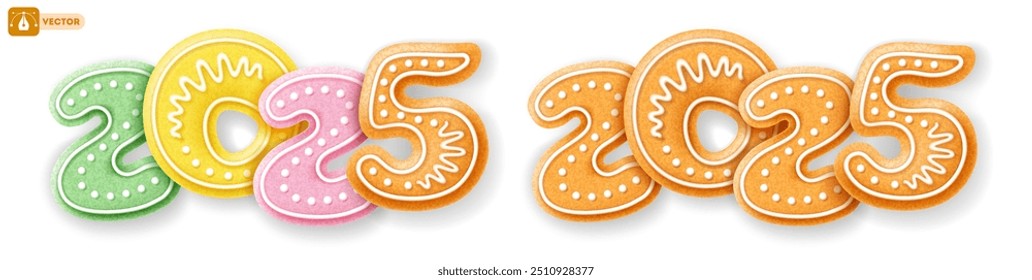 Happy New Year 2025. 3d realistic, cute numbers made of decorated icing gingerbread. Cookies in the shape of numbers 2025. Creative, isolated vector illustration