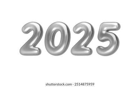 Feliz año Nuevo 2025. Globos realistas de plata y cromo 3d. Ilustración vectorial.