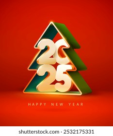 Happy New year 2025. 3D Christmas trees with white numbers. Festive greeting card design.