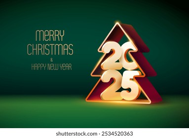 Feliz año Nuevo 2025. Árboles de Navidad 3D con números blancos. Diseño festivo de la tarjeta de felicitación. 