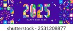 Happy new year 2025. Abstract geometric design. Numbers isolated on colored background. Flat style. Modern template for calendars, greeting cards and web banners. Vector illustration.