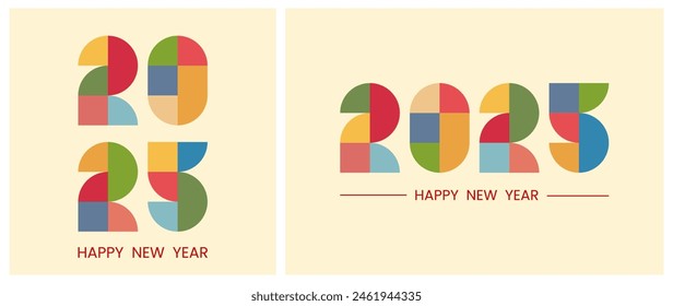  Happy New Year 2025 Abstract Geometric Text Design Set. multi-colored Numbers made of geometric shapes. Notebook cover, brochure design template, postcard, banner. Isolated on a light background. EPS