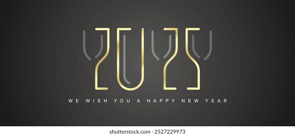 Feliz Ano Novo 2025 novo design abstrato único quatro copos de champanhe de arte de linha de ouro em forma de 2025 fundo preto cartão de saudação