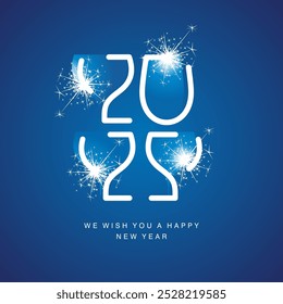 Happy New Year 2025 new abstract unique design four white and light blue line art wine glasses in shape of 2025 blue square background greeting card
