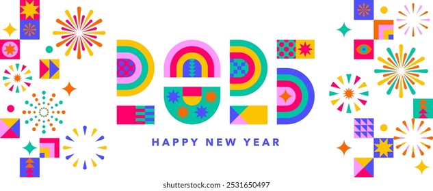 Happy new year 2025. Abstract geometric design. Numbers isolated on colored background. Flat style. Modern template for calendars, greeting cards and web banners. Vector illustration.