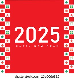 Happy New Year 2025 abstract lettering red background with isolated new year element border. card banner poster greeting event holiday celebrations. eps vector illustration numbers.  