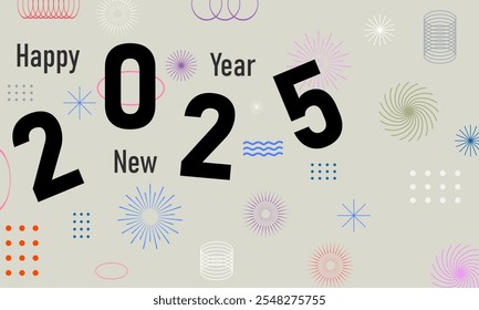 Feliz Ano Novo 2025 estética arte cartaz capa estilo retro forma abstrata banner fundo celebração saudação