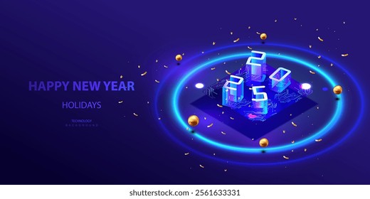 Happy New Year 2025 AI isometric banner in technology style. Ai new year card vector background. Festive holiday with circuit board, neon isometric numbers, round lamps. Carnival celebration deign.