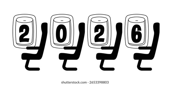 Happy new year 2025, airplane window. Aeroplane or air plane icon. Inside passenger plane. Views outside aircraft window. Aeroplane window. New year greeting card. 