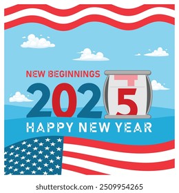 Happy New Year 2025 with an American flag. Let's welcome the new year happily. Happy New Year 2025 concept. Flat vector illustration.