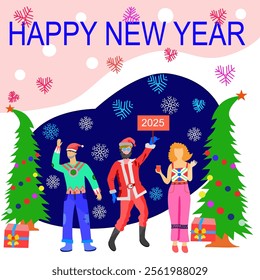 happy new year 2025 art design man, woman, Santa Claus, happiness, snow, pine tree, decoration, fun, art, celebrate, happy, new year