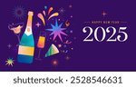 Happy New Year 2025, New Year background, banner, poster design. Modern vibrant illustration, concept design with Christmas decorations, confetti, champaign bottle and fireworks. Vector design with