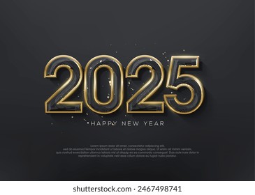 Feliz año nuevo 2025 de fondo, póster de Anuncio de diseño de Vector con elegante color dorado de lujo.