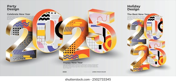 Happy New Year 2025 background. Elegant 3D colorfull 2025 logo number poster designs for a 2025 poster and calendar 