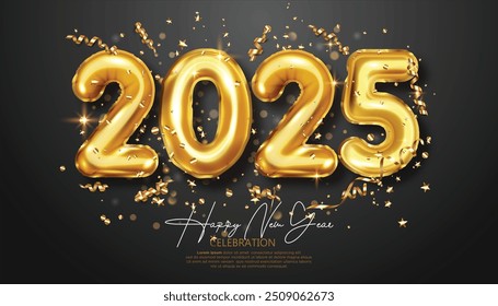 Happy New Year 2025. Background realistic golden balloons numbers with gold confetti Decorative design elements