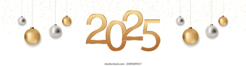 Happy New Year 2025 background. Shiny gold 2025 New Year. Modern luxury background with silver and gold balls. Modern Christmas background. Vector EPS 10