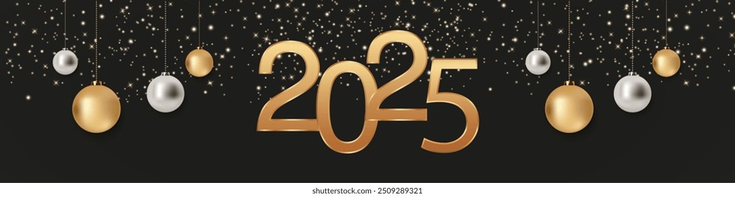 Happy New Year 2025 background. Shiny gold 2025 New Year. Modern luxury black background with silver and gold balls. Modern Christmas background. Vector EPS 10