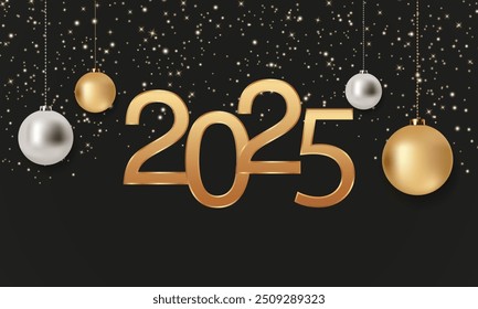 Happy New Year 2025 background. Shiny gold 2025 New Year. Modern luxury black background with silver and gold balls. Modern Christmas background. Vector EPS 10