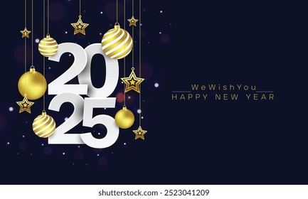 Happy new year 2025 background with hanging golden Christmas ball and star