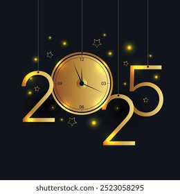 Happy new year 2025 Background with hanging golden clock and number