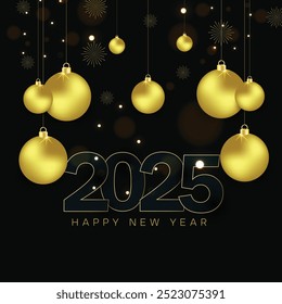 Happy new year 2025 background with hanging Christmas golden ball