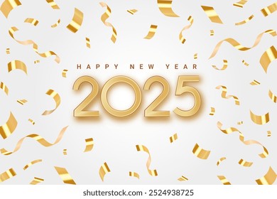 Happy new year 2025 background banner. Elegant New Year celebration design with a splash of celebratory ornaments. New Year greeting and celebration. Vector 3d realistic illustration